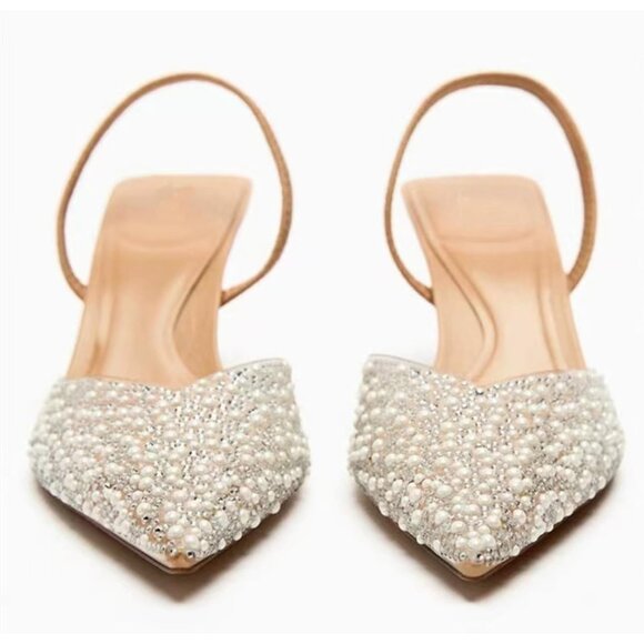 Women's Brown Fashion Rhinestone Slingback Pumps Pointed Toe PVC Kitten Heels - Picture 5 of 7